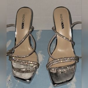 Fashion Nova Silver Rhinestone Strappy Heeled Sandals